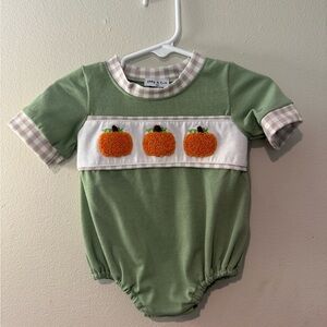 Green Baby Romper with French Knot Pumpkin Design